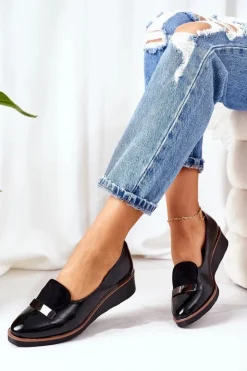 Hot Boto Lakierowane Półbuty Na Koturnie POTOCKI 12032 Czarne