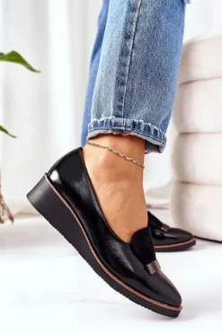 Hot Boto Lakierowane Półbuty Na Koturnie POTOCKI 12032 Czarne