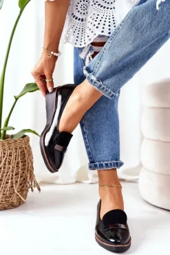 Hot Boto Lakierowane Półbuty Na Koturnie POTOCKI 12032 Czarne