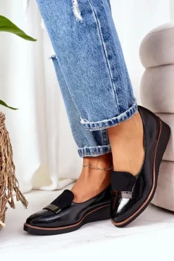 Hot Boto Lakierowane Półbuty Na Koturnie POTOCKI 12032 Czarne