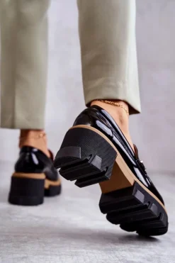 Damskie Boto Lakierowane Półbuty Na Obcasie Ze Złotą Ozdobą Czarne Lurdes