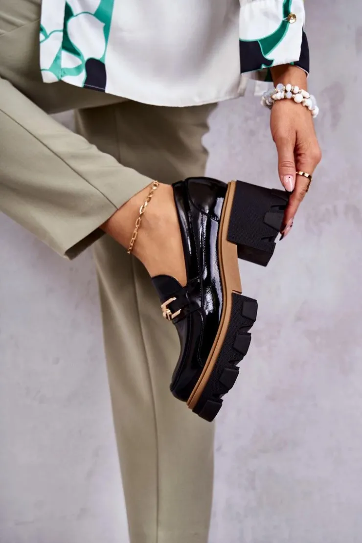 Damskie Boto Lakierowane Półbuty Na Obcasie Ze Złotą Ozdobą Czarne Lurdes