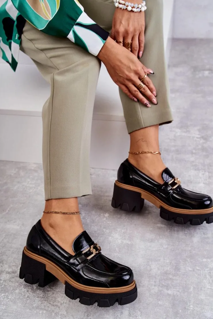 Damskie Boto Lakierowane Półbuty Na Obcasie Ze Złotą Ozdobą Czarne Lurdes