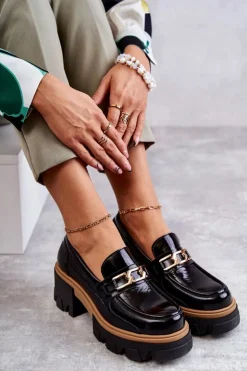 Damskie Boto Lakierowane Półbuty Na Obcasie Ze Złotą Ozdobą Czarne Lurdes