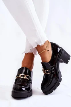 Boto Półbuty Lakierowane|Półbuty Skórzane*Lakierowane Półbuty Na Słupku Ze Złotą Ozdobą Czarne Mikeyla