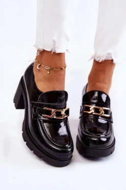 Boto Półbuty Lakierowane|Półbuty Skórzane*Lakierowane Półbuty Na Słupku Ze Złotą Ozdobą Czarne Mikeyla