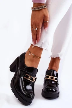 Boto Półbuty Lakierowane|Półbuty Skórzane*Lakierowane Półbuty Na Słupku Ze Złotą Ozdobą Czarne Mikeyla