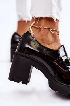 Boto Półbuty Lakierowane|Półbuty Skórzane*Lakierowane Półbuty Na Słupku Ze Złotą Ozdobą Czarne Mikeyla