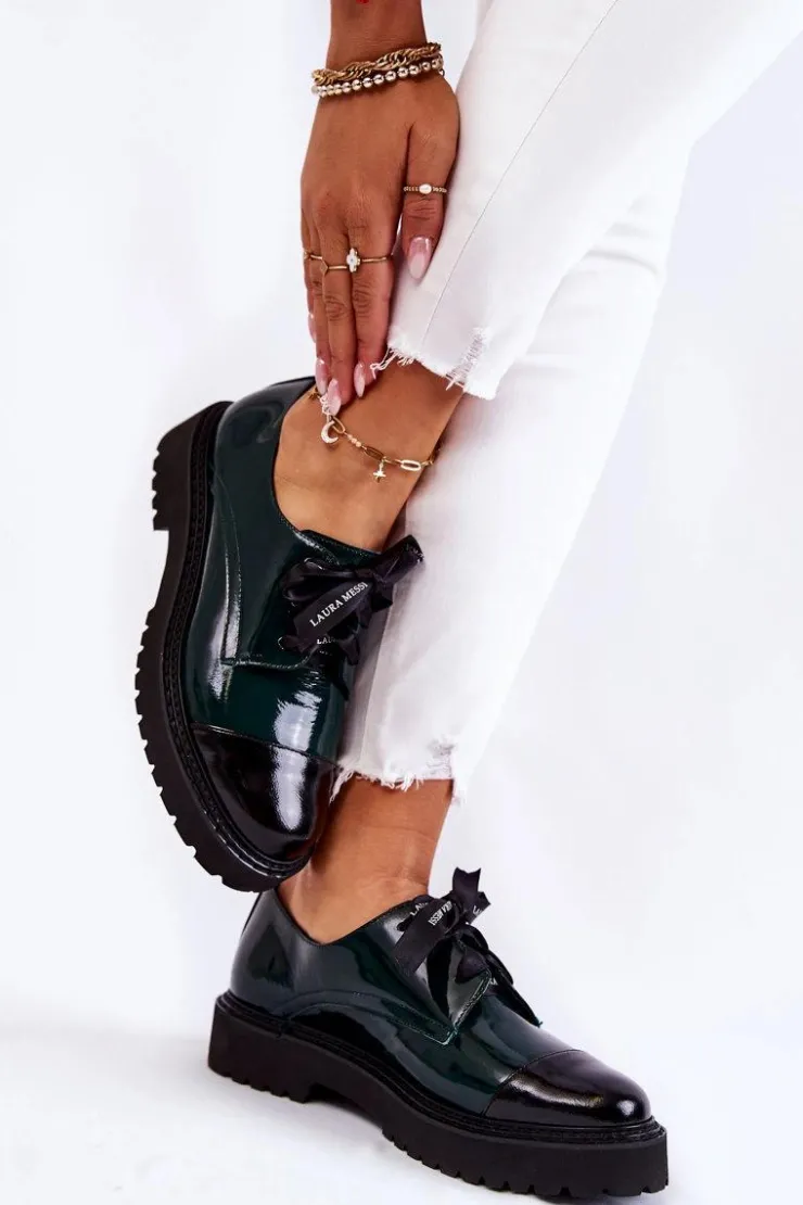 Hot Laura Messi Lakierowane Półbuty Wiązane 2441 Zielone