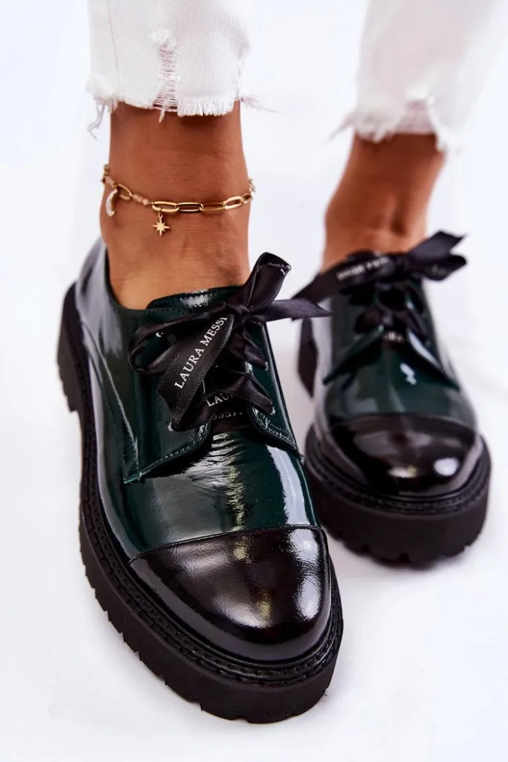 Hot Laura Messi Lakierowane Półbuty Wiązane 2441 Zielone