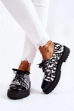 Damskie Laura Messi Lakierowane Półbuty Wiązane 2441 Czarno-Białe