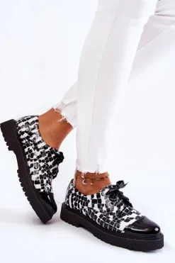 Damskie Laura Messi Lakierowane Półbuty Wiązane 2441 Czarno-Białe