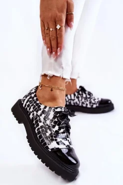 Damskie Laura Messi Lakierowane Półbuty Wiązane 2441 Czarno-Białe