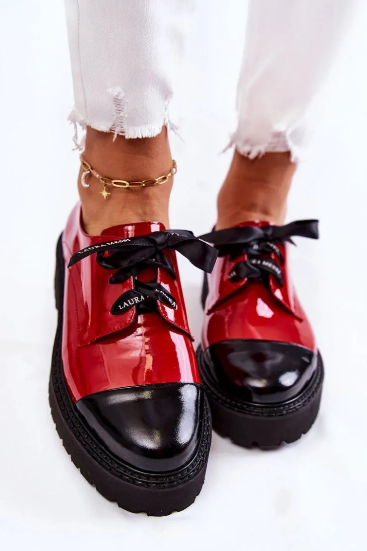 Damskie Laura Messi Lakierowane Półbuty Wiązane 2441 Czerwone