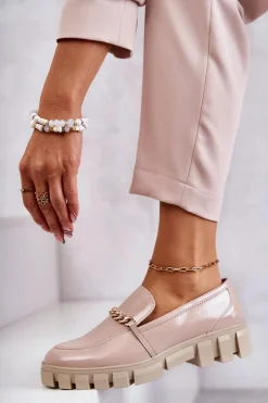 Buty Sergio Leone Półbuty Lakierowane|Mokasyny Damskie Lakierowane*Lakierowane Półbuty Z Łańcuszkiem Beżowe Anne