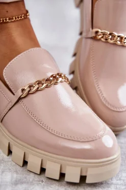 Buty Sergio Leone Półbuty Lakierowane|Mokasyny Damskie Lakierowane*Lakierowane Półbuty Z Łańcuszkiem Beżowe Anne