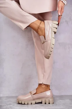 Buty Sergio Leone Półbuty Lakierowane|Mokasyny Damskie Lakierowane*Lakierowane Półbuty Z Łańcuszkiem Beżowe Anne