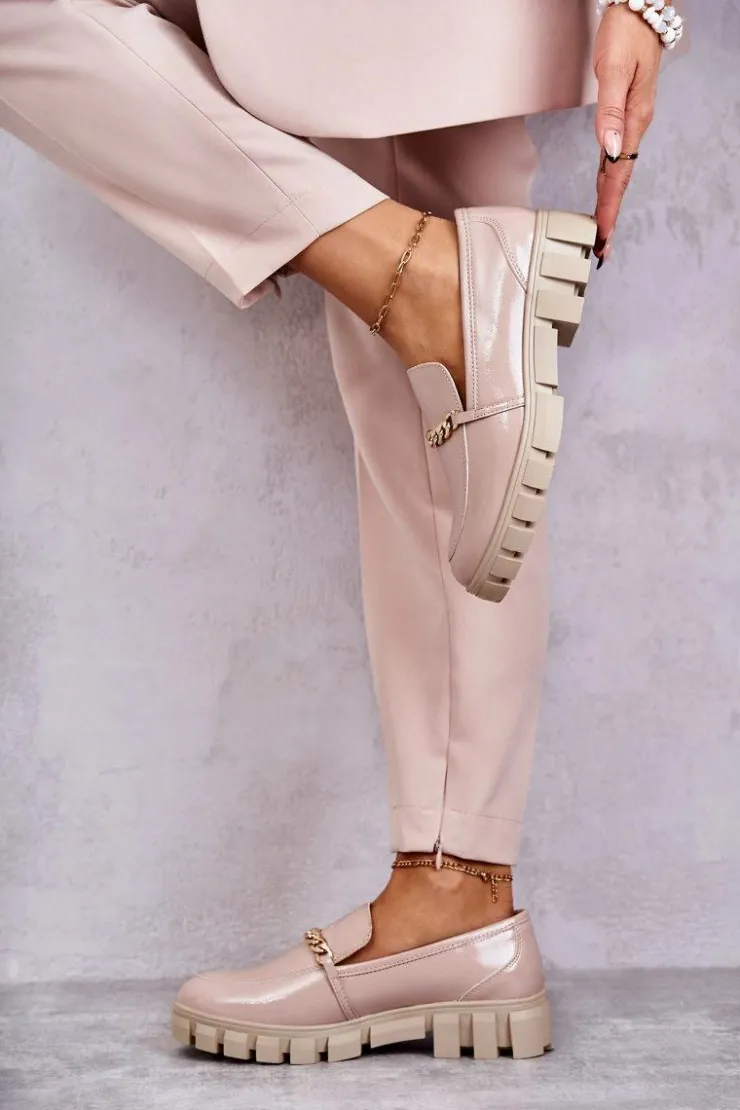 Buty Sergio Leone Półbuty Lakierowane|Mokasyny Damskie Lakierowane*Lakierowane Półbuty Z Łańcuszkiem Beżowe Anne