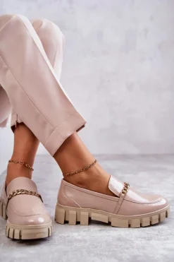 Buty Sergio Leone Półbuty Lakierowane|Mokasyny Damskie Lakierowane*Lakierowane Półbuty Z Łańcuszkiem Beżowe Anne