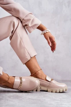 Buty Sergio Leone Półbuty Lakierowane|Mokasyny Damskie Lakierowane*Lakierowane Półbuty Z Łańcuszkiem Beżowe Anne