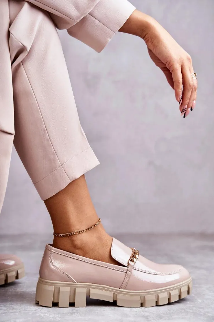 Buty Sergio Leone Półbuty Lakierowane|Mokasyny Damskie Lakierowane*Lakierowane Półbuty Z Łańcuszkiem Beżowe Anne