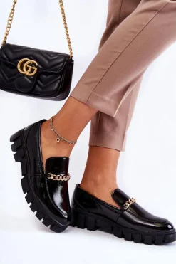 Damskie Buty Sergio Leone Lakierowane Półbuty Z Łańcuszkiem Czarne Anne