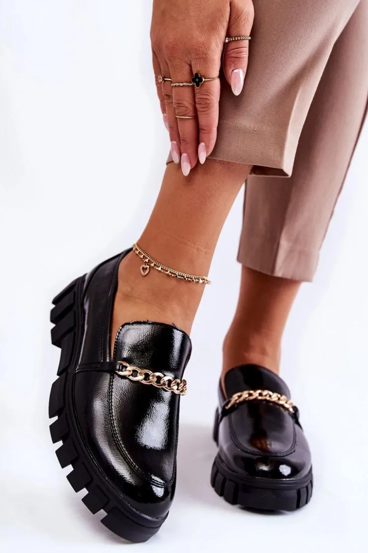 Damskie Buty Sergio Leone Lakierowane Półbuty Z Łańcuszkiem Czarne Anne