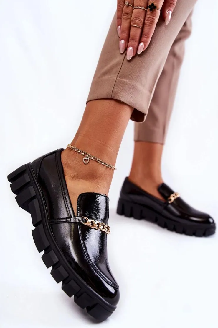 Damskie Buty Sergio Leone Lakierowane Półbuty Z Łańcuszkiem Czarne Anne