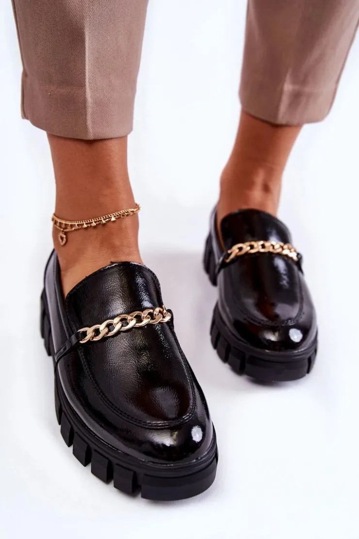 Damskie Buty Sergio Leone Lakierowane Półbuty Z Łańcuszkiem Czarne Anne