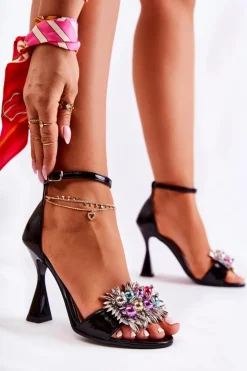Damskie Boto Lakierowane Sandałki Na Obcasie Z Ozdobami Czarne Moody