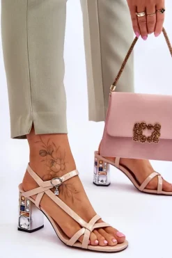 Damskie Damskie buty S.Barski Lakierowane Sandałki Na Ozdobnym Słupku D&A CR-232 Beżowe