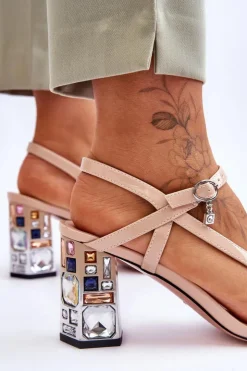 Damskie Damskie buty S.Barski Lakierowane Sandałki Na Ozdobnym Słupku D&A CR-232 Beżowe