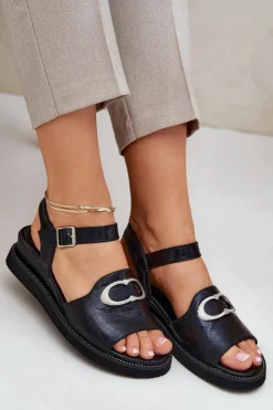 Damskie Boto Lakierowane Sandały Damskie Na Koturnie Z Ozdobą Czarne Salianes