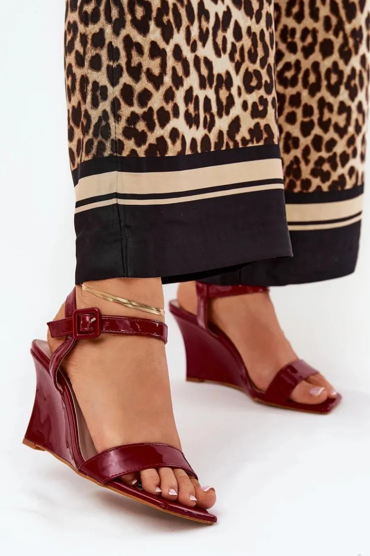 Boto Sandały Na Koturnie*Lakierowane Sandały Damskie Na Koturnie Bordowe Vliraya Czerwony