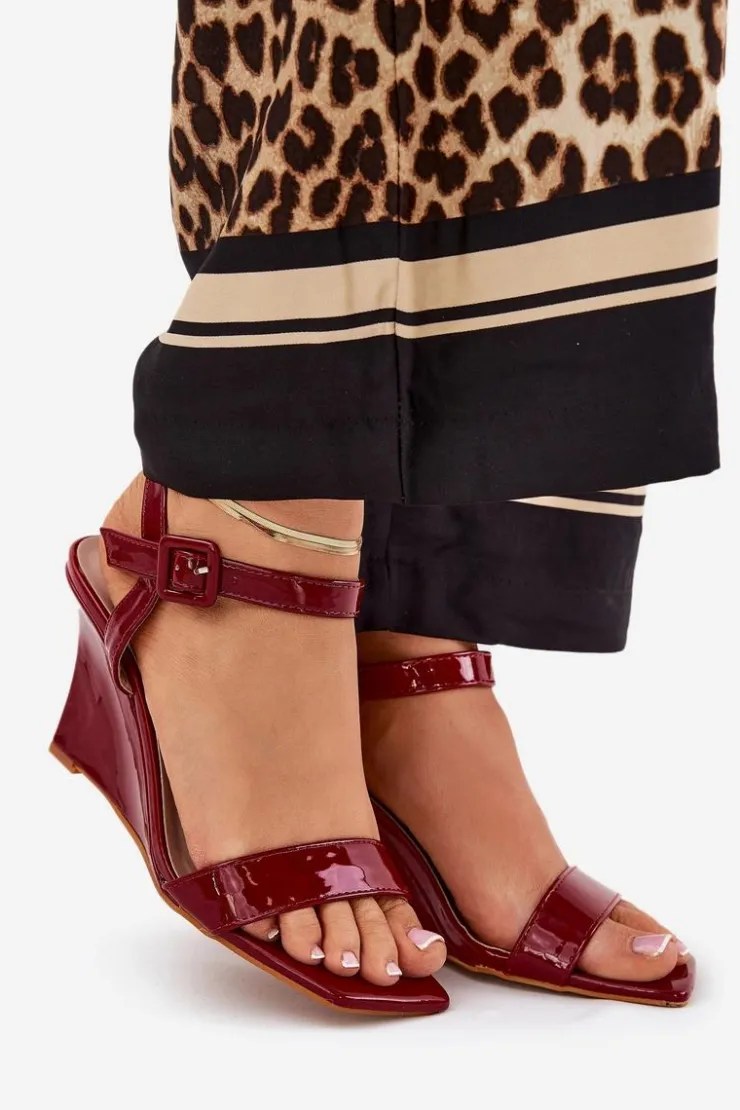 Boto Sandały Na Koturnie*Lakierowane Sandały Damskie Na Koturnie Bordowe Vliraya Czerwony
