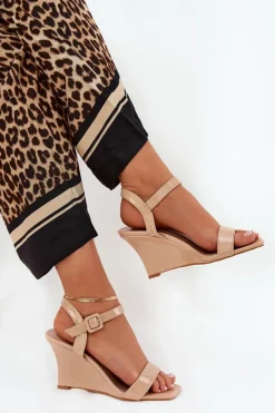 New Boto Lakierowane Sandały Damskie Na Koturnie Nude Vliraya Beżowy