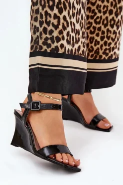 Damskie Boto Lakierowane Sandały Damskie Na Koturnie Czarne Vliraya