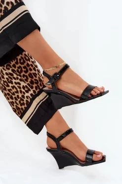 Damskie Boto Lakierowane Sandały Damskie Na Koturnie Czarne Vliraya