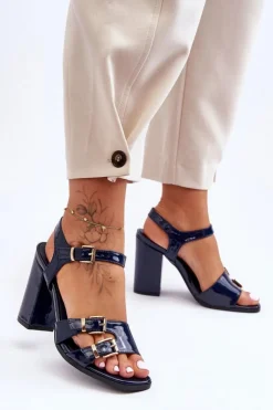 Boto Lakierowane Sandały Na Obcasie S.Barski 80-3 Granatowe