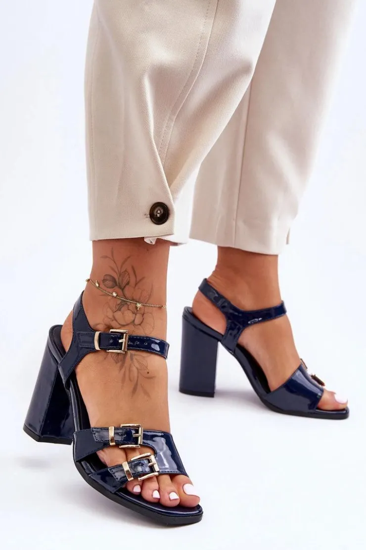 Boto Lakierowane Sandały Na Obcasie S.Barski 80-3 Granatowe