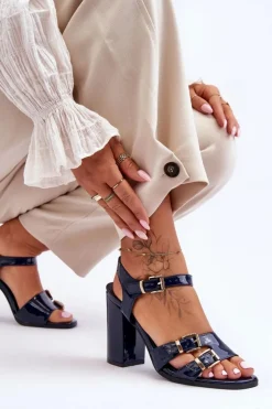 Boto Lakierowane Sandały Na Obcasie S.Barski 80-3 Granatowe