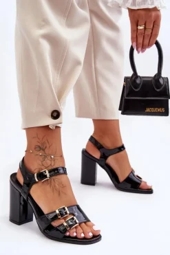 Boto Lakierowane Sandały Na Obcasie S.Barski 80-3 Czarne