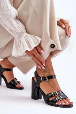 Boto Lakierowane Sandały Na Obcasie S.Barski 80-3 Czarne