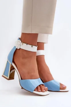 Hot Boto Lakierowane Sandały Na Słupku Niebieskie Adrianu