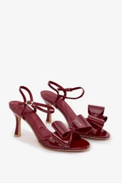 Damskie Boto Lakierowane Sandały Na Szpilce Z Kokardą Bordowe Noliva