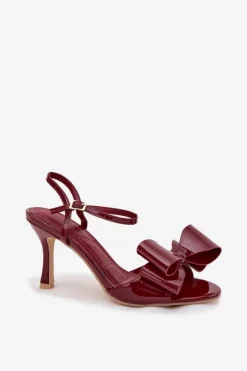 Damskie Boto Lakierowane Sandały Na Szpilce Z Kokardą Bordowe Noliva