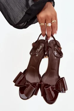 New Boto Lakierowane Sandały Na Szpilce Z Kokardą Czekoladowe Noliva Brązowy