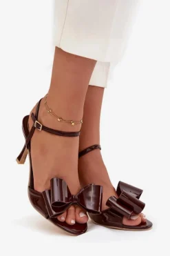 New Boto Lakierowane Sandały Na Szpilce Z Kokardą Czekoladowe Noliva Brązowy