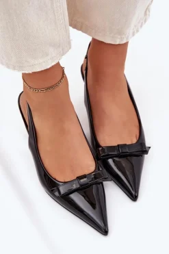 Damskie Boto Lakierowane Sandały Na Szpilce Z Kokardką Czarne Naylna