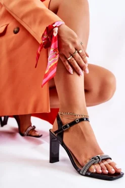 Damskie Boto Lakierowane Sandały Z Cyrkoniami Czarne Benedett